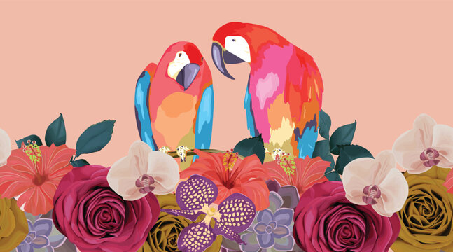 Floral seamless pattern. Summer border with parrots, cactus, orchids, rose and leaves. Vintage botanical plant. Vector illustration