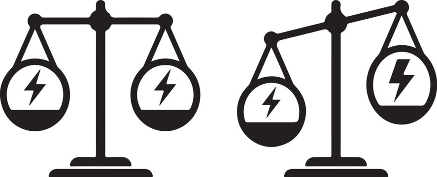 Energy Balance Scales Vector Icon Set, Power Supply and Demand Balance Symbol, Lightning Bolt Electricity Measurement Concept, Balanced and Unbalanced Scales of Justice with Energy Symbols, Flat Black