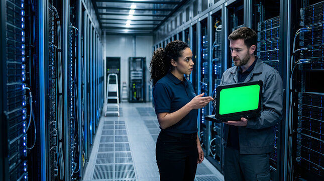 Two technicians discussing server hardware in a data center aisle with rows of computer servers