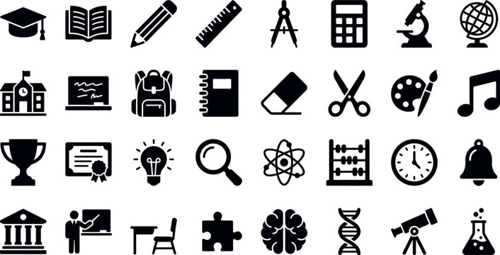 Education Icons Set Flat Black Silhouette On White Background
