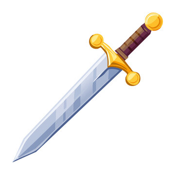 Shiny steel broadsword blade knight sword weapon with cross guard handle and golden spherical pommel decoration for hero warrior paladin