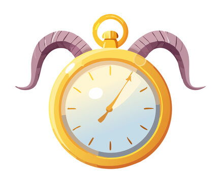 Vintage golden stopwatch timer with ram horns design element on top for time management puzzle game countdown interface level asset