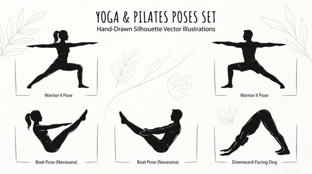 Yoga and Pilates Poses Set: Hand-Drawn Silhouette Vector Illustrations of Warrior II, Boat Pose, and Downward-Facing Dog.