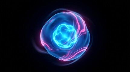 Obraz premium Bright Blue Sphere with Pink Accent Smoothly Moving and Changing Shape on Black Background – Trendy Designer Orb for Web Pages, Neon Energy Ball Abstract Digital Background 4K