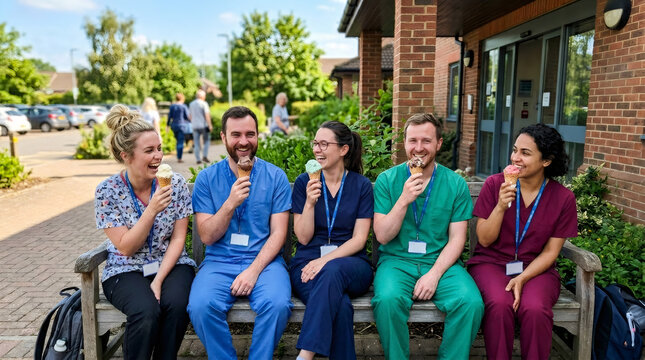 Group of doctors and nurses sitting on bench eating ice cream during break. Happy medical staff in uniform relaxing outdoors. Healthcare worker team resting outside hospital building.