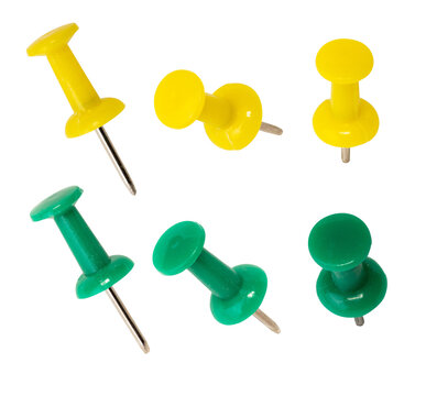 Yellow and green push pins set isolated on transparent background multiple angles office and school supplies organization concept. 