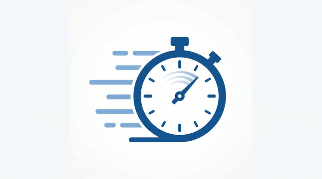 Minimalist blue stopwatch icon design featuring horizontal motion lines that indicate high speed and efficiency displayed on a clean white background for professional business productivity and time ma