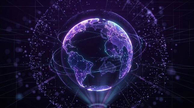 Digital Earth Globe Rotating in Cyberspace 3D Global Technology Hologram Dot Particle Background &ndash; Looped Graphic 3D Planet Science Technology Stock Video 4K