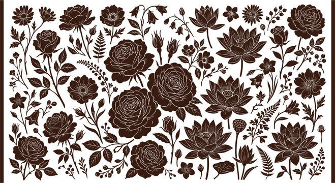 Floral ornament of roses and lotus flowers brown vector illustration
