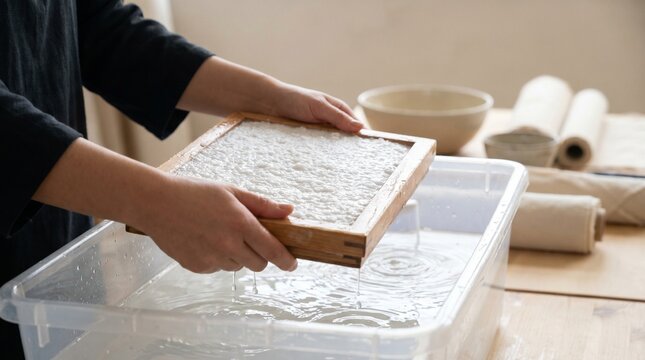Artisan hands lifting a wooden mold and deckle with wet paper pulp from a water vat during handmade papermaking process