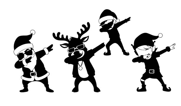 Funny Christmas Characters Dancing Dab Pose Santa Reindeer and Elf Vector Illustration Set