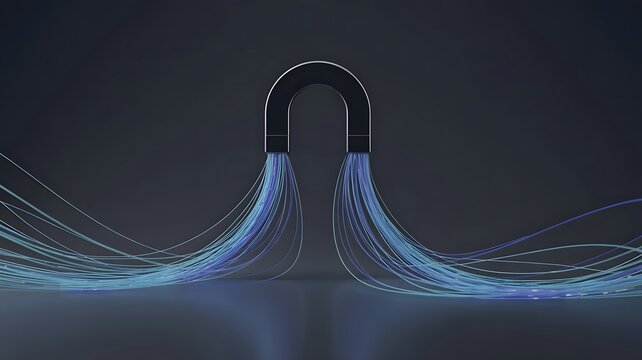 Black horseshoe magnet drawing blue particle streams - Suitable for customer attraction, lead generation, or inbound marketing.