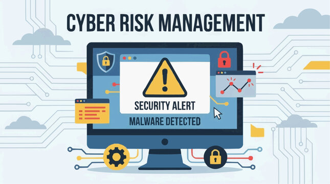 Cyber Risk Management Security Alert Malware Detected on Computer Screen with Network and Cloud Icons