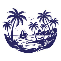 Obraz premium Tropical paradise island silhouette with multiple palm trees hammock and sailing ship tropical paradise silhouette vacation landscape graphics illustration