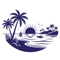 Obraz premium Tropical beach sunset scene vector graphic silhouette with sailboat vacation tropical seascape silhouette illustration coastline landscape paradise maritime