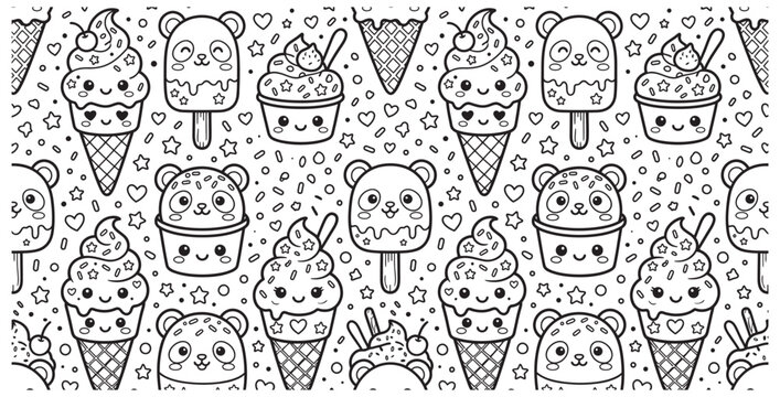 Adorable kawaii ice cream cones and panda popsicles pattern on transparent background