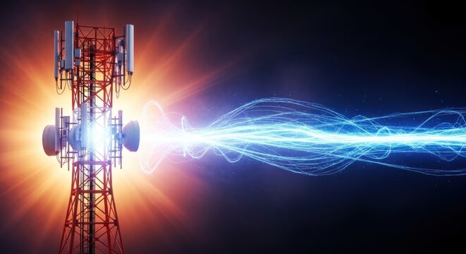 A cell tower emits a vibrant beam of light and energy waves through the night sky.
