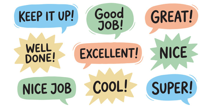 Collection of colorful speech bubbles with positive affirmations and encouragement phrases on transparent background