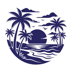 Obraz premium Tropical beach sunset with clouds and palm trees landscape tropical paradise vacation silhouette monochrome illustration coastline peaceful