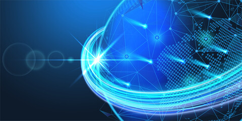 Digital globe with glowing light trail and polygon mesh network, circular radar pattern, global technology and data communication concept, vector illustration, abstract blue tech background. © Pixart Studio