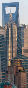 View of the Jin Mao Tower and Shanghai World Financial Center skyscrapers with modern glass facades in the Pudong district Shanghai, Shanghai, China.