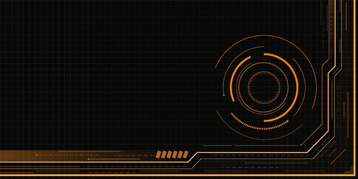 Futuristic HUD interface background with a glowing orange circular dashboard and circuit board lines on black. High-tech digital frame for gaming, cybersecurity, and sci-fi concepts.
