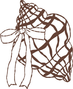 Cute hand drawn netted tun seashell with ribbon bow outline illustration