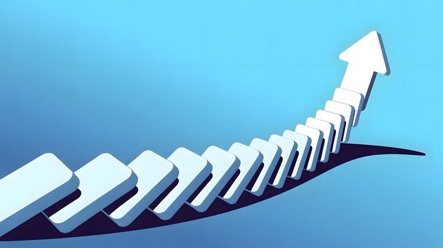 Moving dominoes morphing into upward trajectory arrow &ndash; Suitable for market momentum, strategic growth, or business evolution.