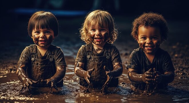 Three children are playing and covered in mud together outdoors