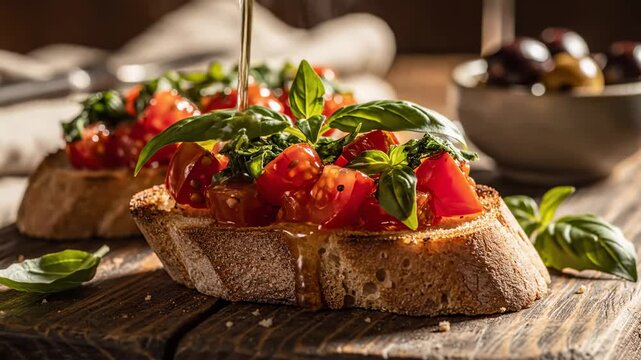 Freshly prepared Italian bruschetta, featuring crusty bread generously topped with ripe tomatoes, fragrant basil leaves, and a drizzle of glistening olive oil, served on a rustic wooden board