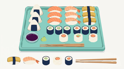 Illustration of Japanese Sushi and Onigiri Platter with Chopsticks © Colorwave Studio