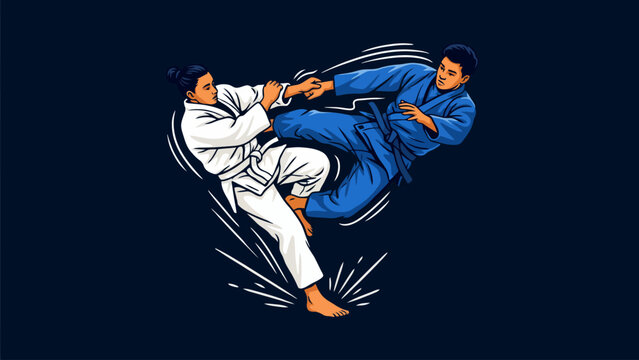 Two martial arts fighters practicing judo or jujutsu sport techniques with fighting
