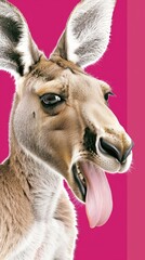 Naklejka premium Kangaroo with wide eyes and outstretched tongue against vibrant pink background. Its ears stand tall, showing alertness. The image captures a moment of casual, cheeky expression
