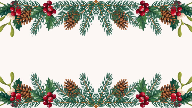 Watercolor christmas decorative border frame with fir branches pine cones and berries