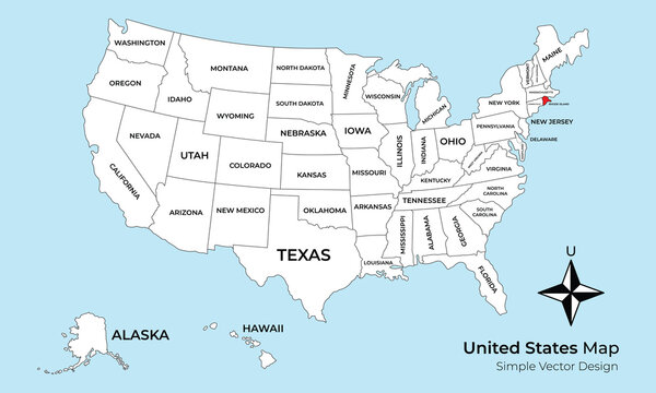 A simple vector map of the United States of America with all 50 states clearly labeled. The state of Rhode Island is highlighted in red on a light blue background.