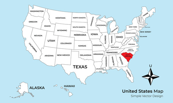 A vector map of the United States of America with all states labeled. The state of South Carolina is highlighted in red on a light blue background.