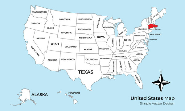 A simple vector map of the United States of America with all states labeled. The state of Massachusetts is highlighted in red. Includes Alaska, Hawaii, and a compass rose.