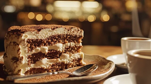 Indulgent layers of creamy tiramisu cake dusted with cocoa powder sit invitingly on a rustic plate next to steaming coffee cups in a cozy cafe setting