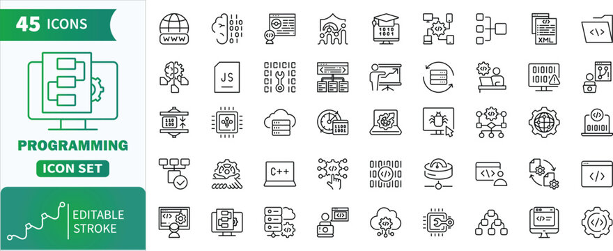 Programming icon set with editable stroke. Collection of outline icons representing software development, coding, and technology