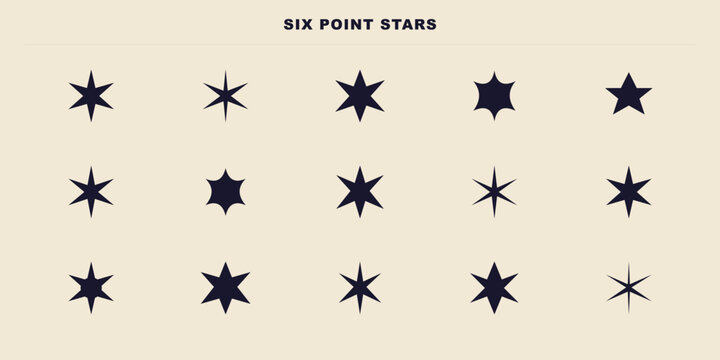 Set of six point star icons, vector illustration of various star shapes for design elements