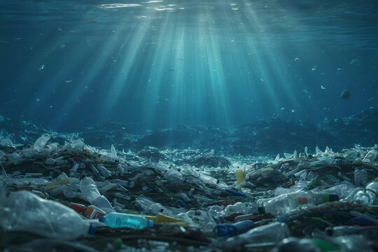 Underwater view of plastic trash debris accumulation covering the dark ocean seafloor
