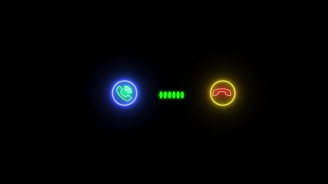 Neon incoming call interface animation with accept and decline buttons on black background smartphone