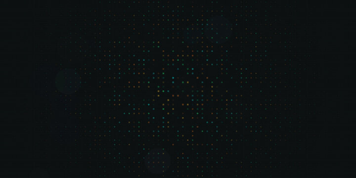Abstract dark background with glowing colorful digital pixels and soft bokeh light effects