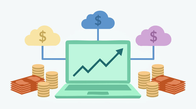 Financial growth with laptop, cloud computing, money, and rising graph