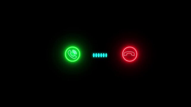 Incoming call interface with glowing neon accept and decline buttons on black background, mobile interface