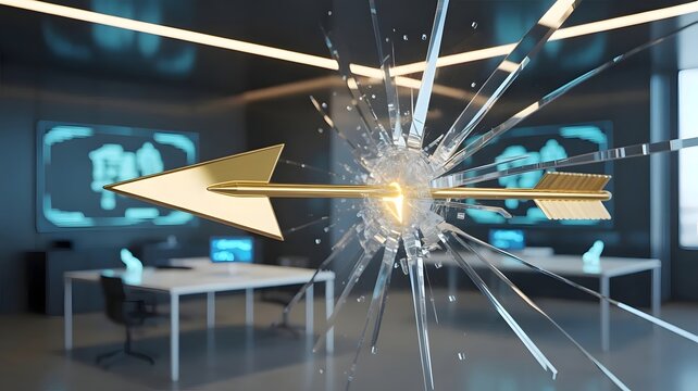 Polished metallic arrow piercing shattered glass wall &ndash; Great for corporate growth, technological disruption, or market success.
