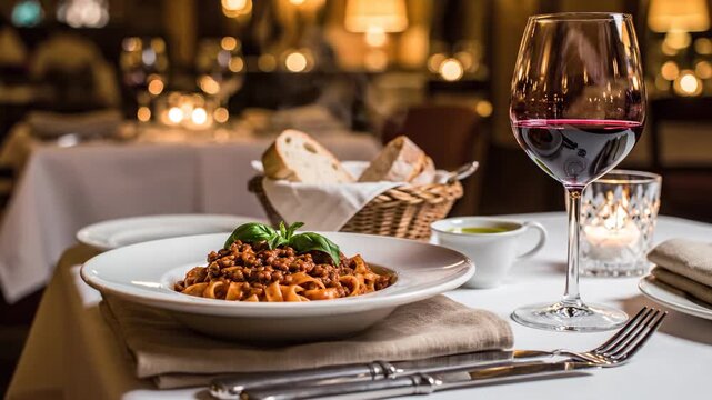A delectable Italian pasta dish, artfully prepared and presented with fresh basil, rests on a table set for an exquisite dining experience, complemented by a basket of artisan bread and a glass