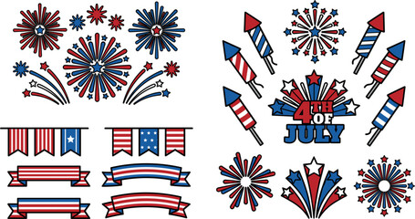 Fototapeta premium United States Independence Day Fourth of July Celebration Firework Vector Element Set with Patriotic Rocket Crackers, Festival Bunting Banners, Stars, and Stripes Ribbons