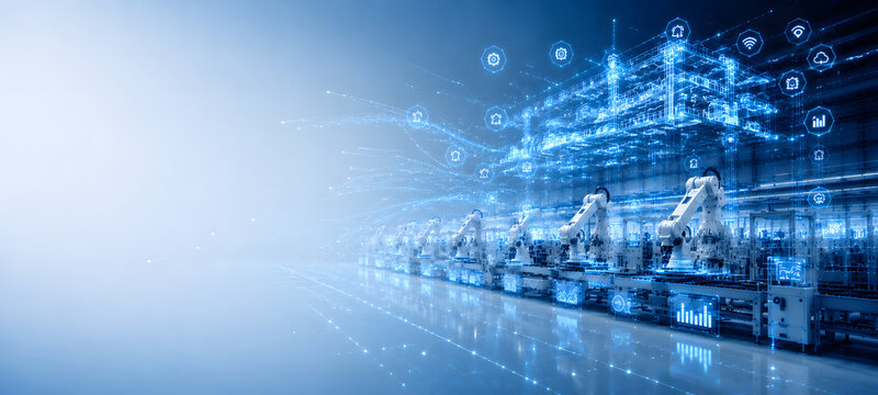 Advanced smart factory with robotic automation, digital twin technology and industrial IoT connectivity. Futuristic manufacturing environment featuring AI-driven production systems.
