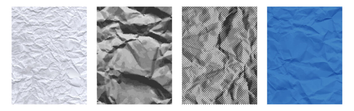 Set of crumpled paper textures featuring blank fold white paper, High contrast wrinkled blue paper, grunge halftone distress overlay print effects. glitch graphic abstract wallpaper